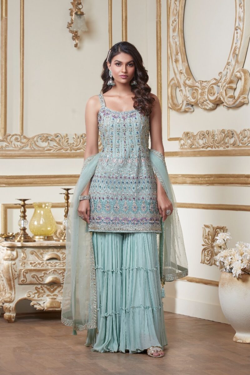 blue partywear sharara suit by fashion queen in nj