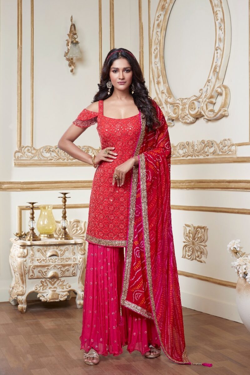 red partywear sharara suit by fashion queen nj